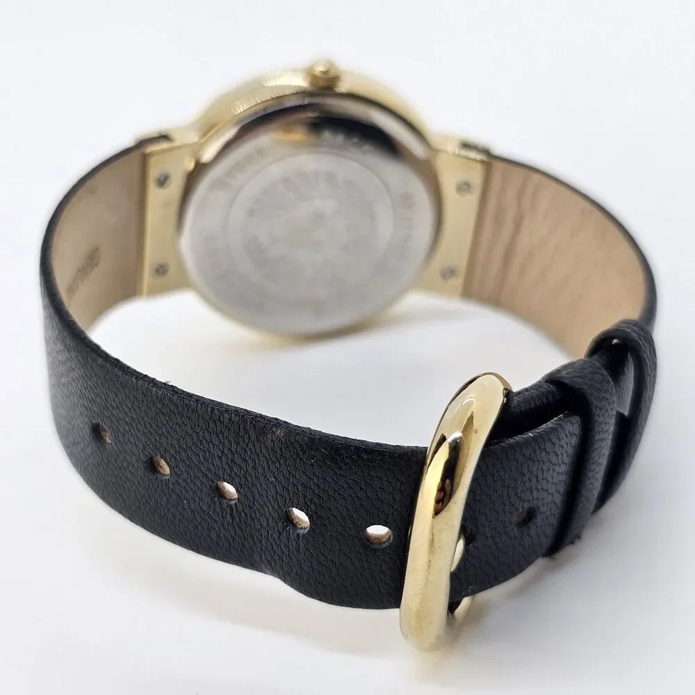 Anne Klein Women's Watch 36MM Gold Dial Black Leather Band‎ Straps New Battery